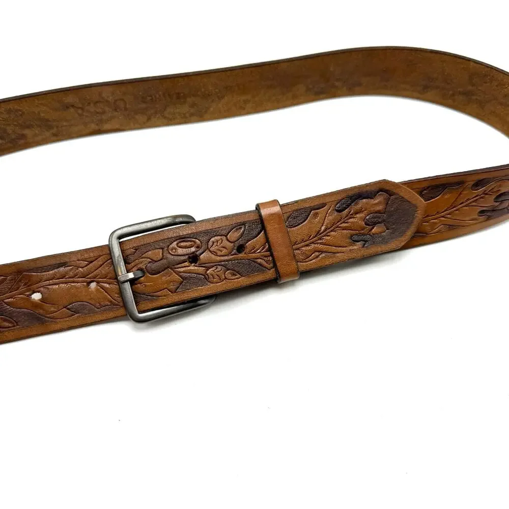 Vintage Brown Leather Western Belt 38 Tooled Leaves Cowboy Cowgirl Boho Hippie